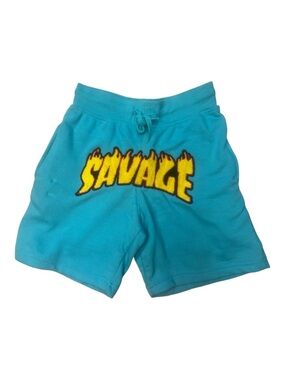 Sz M Kids Turquoise 'SAVAGE' Flame Applique Shorts